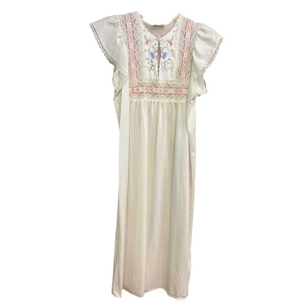 Vtg 60s Gotham Lingerie Nightgown Embroidered Neckline Midi White S Bride Lace
